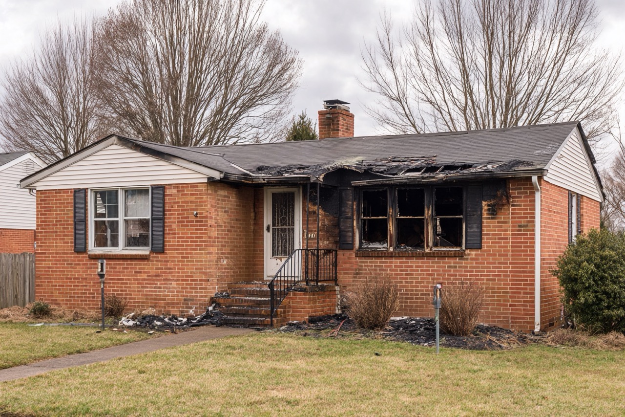 Fire damaged residential house in Virginia with visible smoke damage