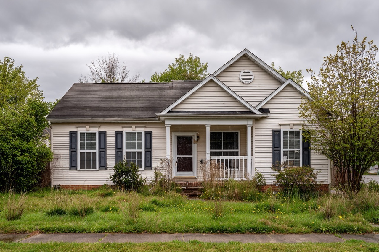 Modest suburban home in Virginia facing foreclosure with for sale sign