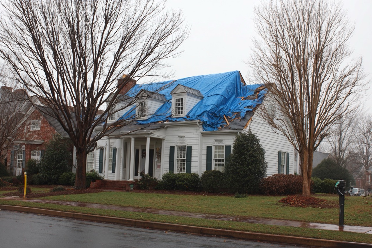Virginia residential property with temporary tarp covering storm damaged roof