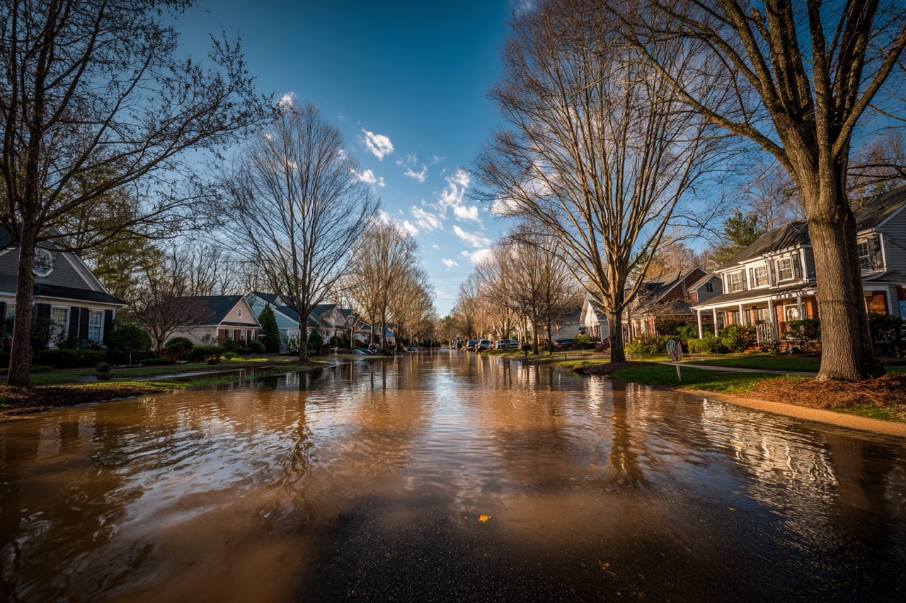 Flooded residential neighborhood in Virginia after severe storm